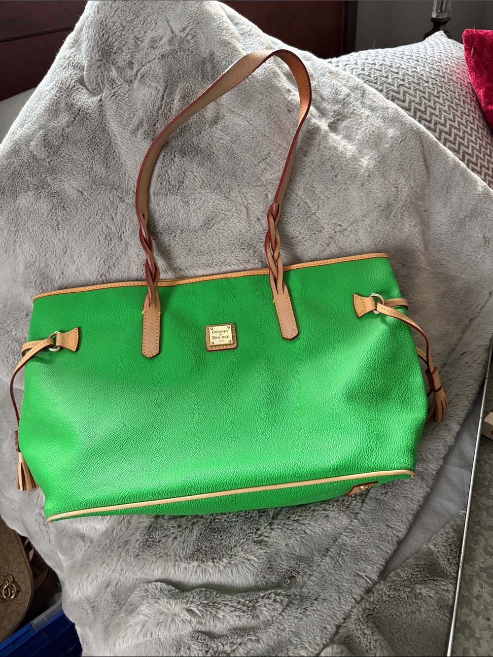 Dooney & Bourke Bright Green Leather Tote with Tan Trim